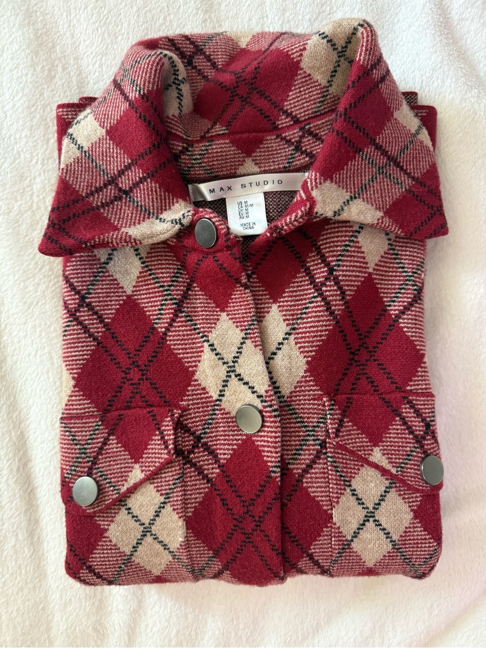 Max Studio Red and Cream Plaid Snap-Front Shacket